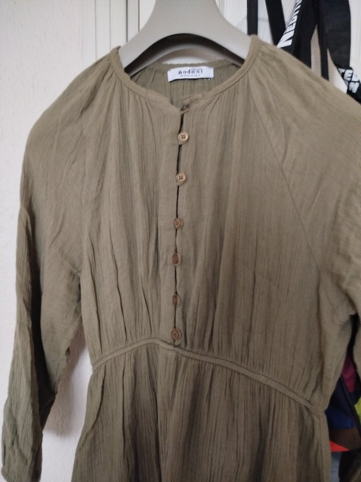 Bej Uzun Keten Elbise Düğmeli Bol Kesim - Görsel 2