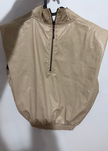 Bej Deri Yüksek Yakalı Salaş Kolsuz - Görsel 2