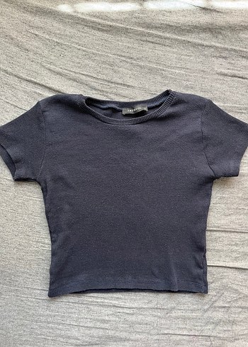 Lacivert Kısa Kollu Kadın Keten Tişört crop