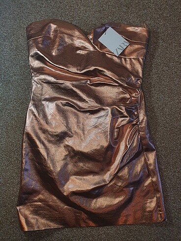 xs Beden Zara Straplez Mini Bronz Elbise
