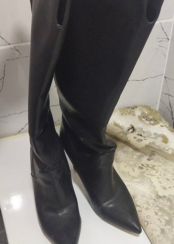 Kadın Siyah Deri Dizüstü Stiletto Bot