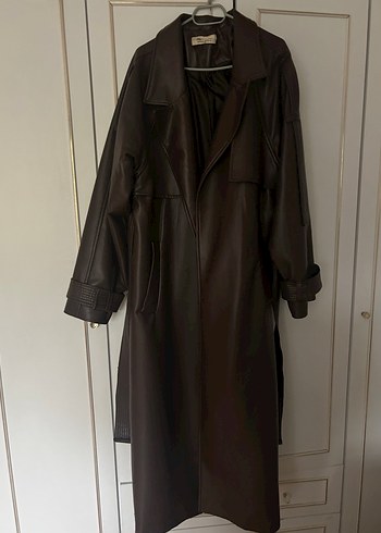 Kahverengi Deri Uzun Kadın Trençkot - Görsel 3