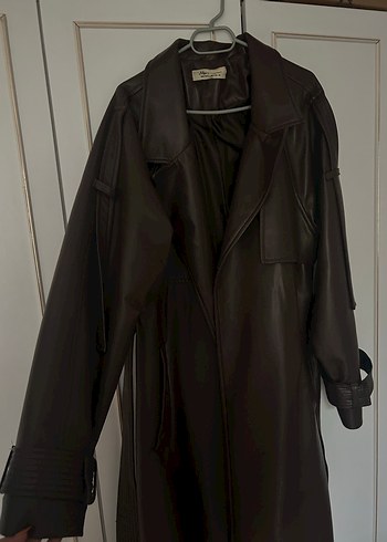 Kahverengi Deri Uzun Kadın Trençkot - Görsel 2