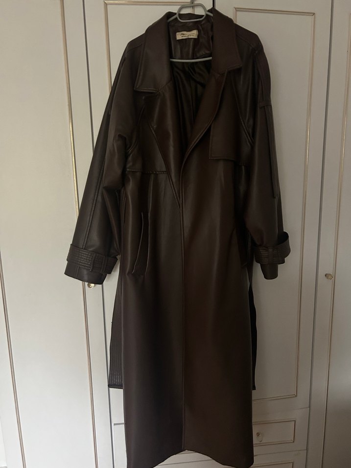 Kahverengi Deri Uzun Kadın Trençkot - Görsel 3