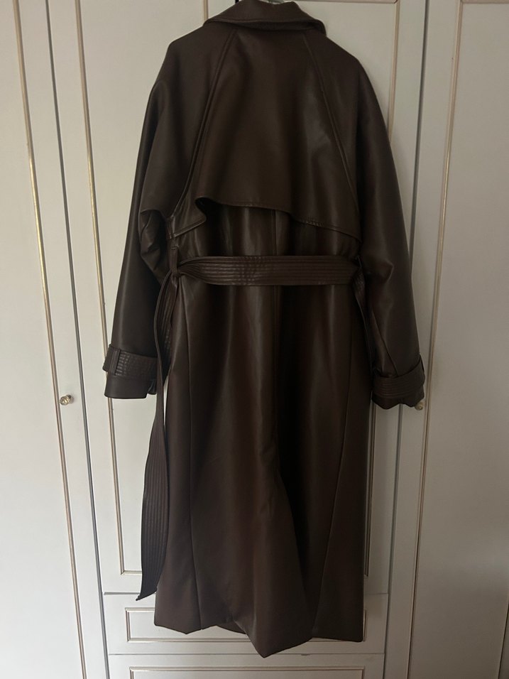 Kahverengi Deri Uzun Kadın Trençkot - Görsel 4