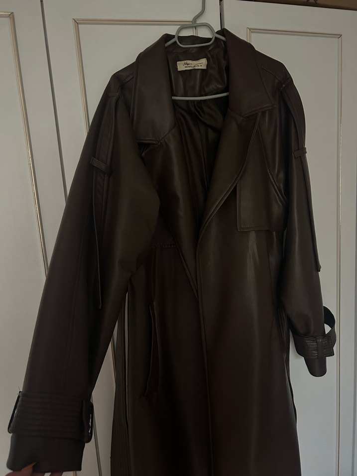 Kahverengi Deri Uzun Kadın Trençkot - Görsel 2