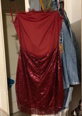38 Beden Bordo Parlak Drapeli Straplez Mini Elbise
