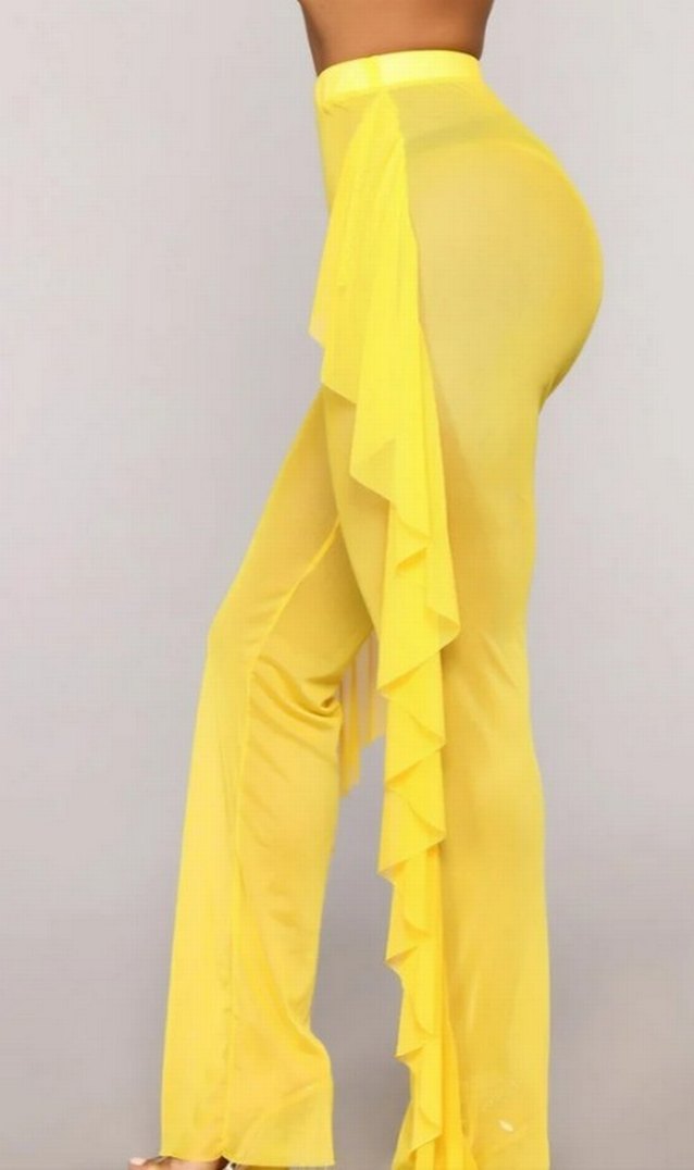 Sarı Volanlı Salaş Midi Kadın Pantolon - Görsel 2
