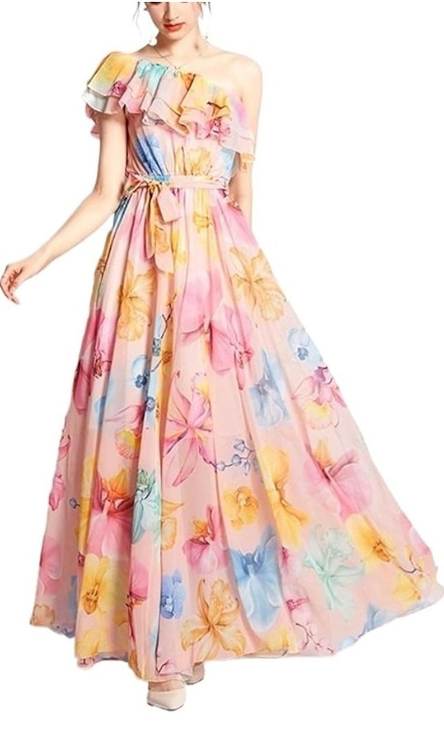 Pastel Renkli Volanlı Bohem Uzun Elbise - Görsel 2