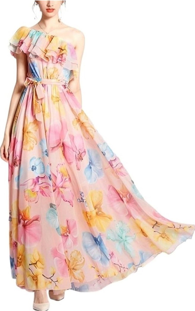 Pastel Renkli Volanlı Bohem Uzun Elbise - Görsel 3