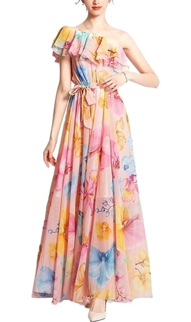 Pastel Renkli Volanlı Bohem Uzun Elbise - Görsel 4