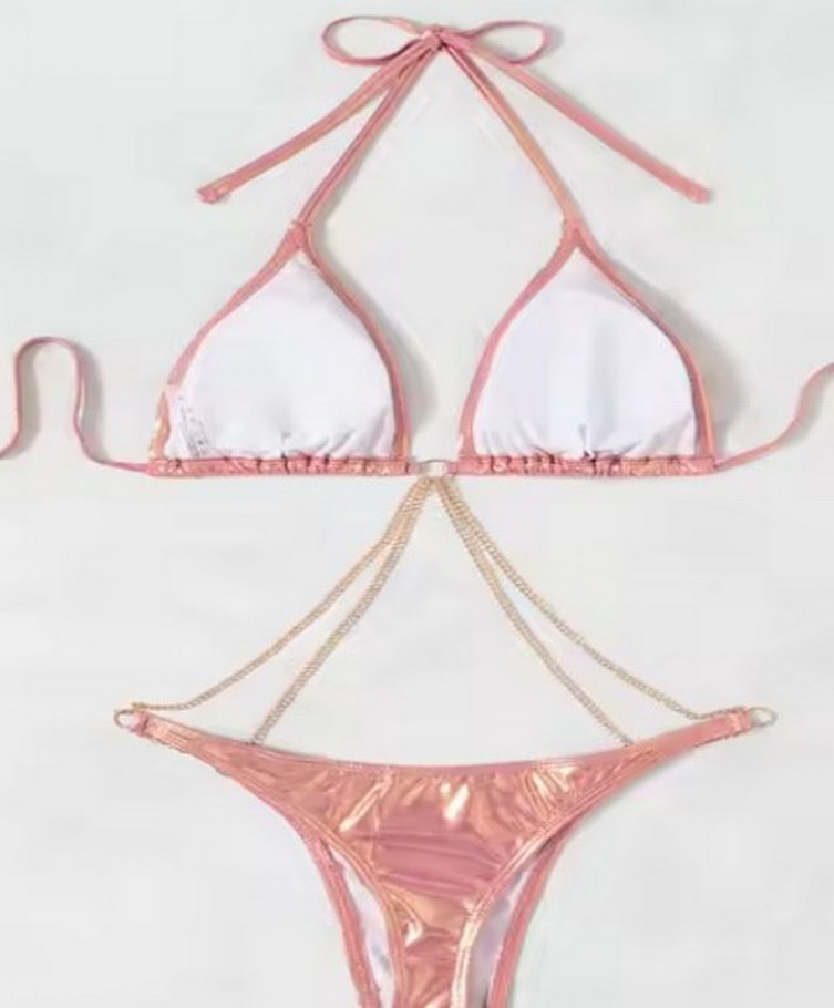 Zincir Detaylı Parlak Pembe Bikini - Görsel 3