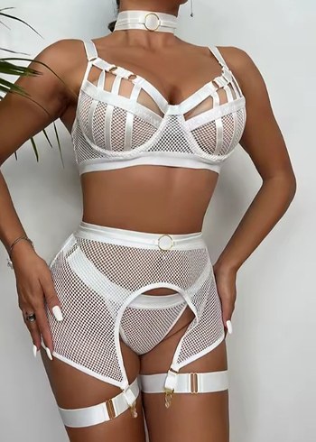 Beyaz fileli jartiyerli iç çamaşırı takımı - Görsel 6