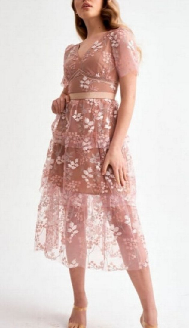 Dantel İşlemeli tasarım Mini Bej V Yaka Elbise - Görsel 2