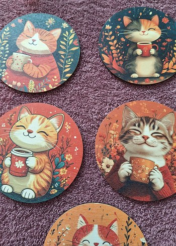 Kahverengi Kedi Desenli Yuvarlak Altlıklar - Görsel 2