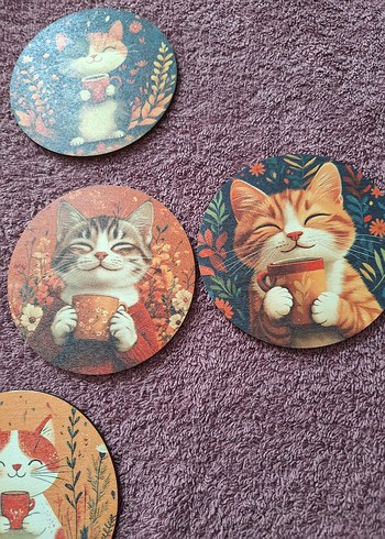 Kahverengi Kedi Desenli Yuvarlak Altlıklar - Görsel 4