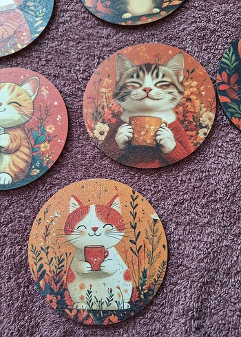 Kahverengi Kedi Desenli Yuvarlak Altlıklar - Görsel 3