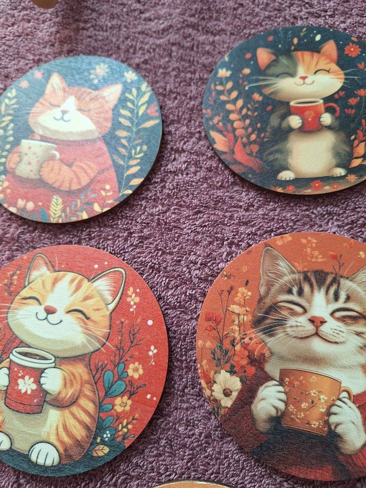 Kahverengi Kedi Desenli Yuvarlak Altlıklar - Görsel 5