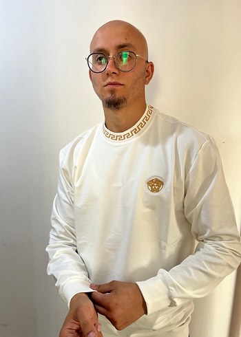 Versace Beyaz Erkek Sweatshirt, Yuvarlak Yaka, Uzun Kollu