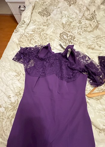 Dantel Detaylı Mor Uzun Abiye Elbise - Görsel 5