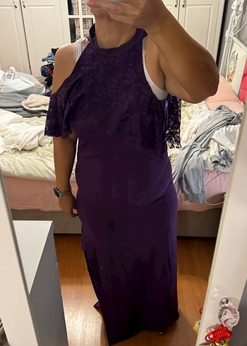 Dantel Detaylı Mor Uzun Abiye Elbise - Görsel 4