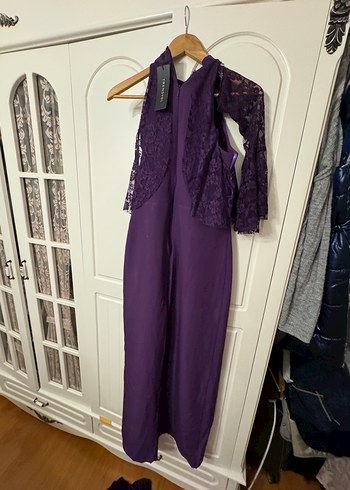 Dantel Detaylı Mor Uzun Abiye Elbise - Görsel 6