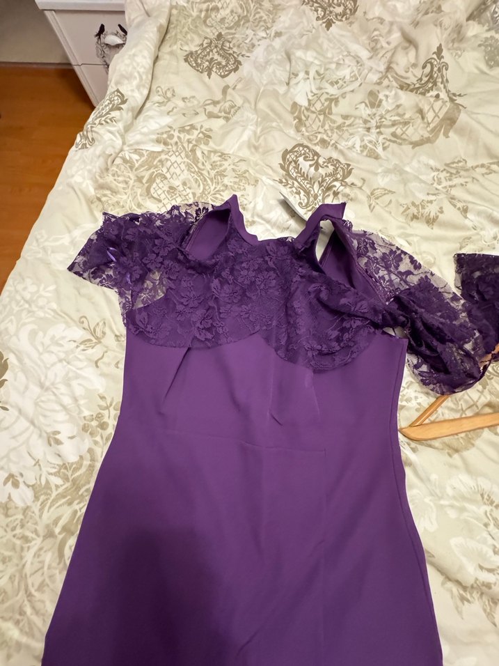 Dantel Detaylı Mor Uzun Abiye Elbise - Görsel 5