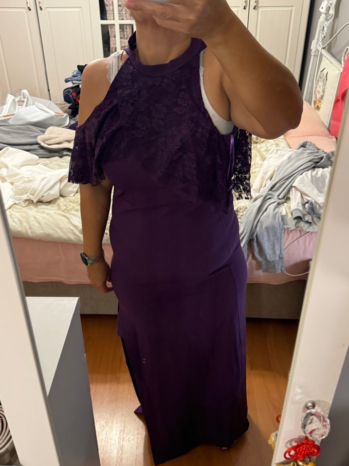 Dantel Detaylı Mor Uzun Abiye Elbise - Görsel 4