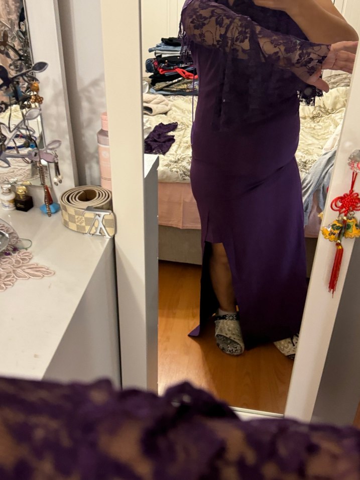 Dantel Detaylı Mor Uzun Abiye Elbise - Görsel 2