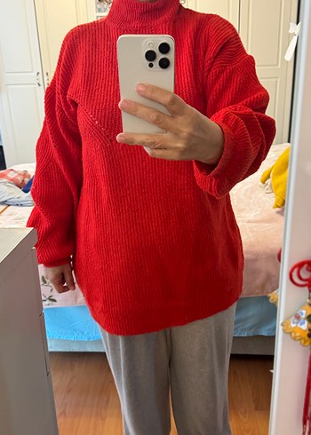 Kadın Kırmızı Yüksek Yakalı Triko Kazak - Görsel 3