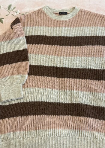 Pastel Kahverengi Çizgili Triko Kadın Kazak - Görsel 5