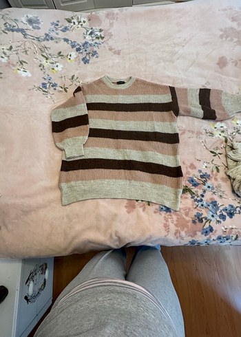 Pastel Kahverengi Çizgili Triko Kadın Kazak - Görsel 6