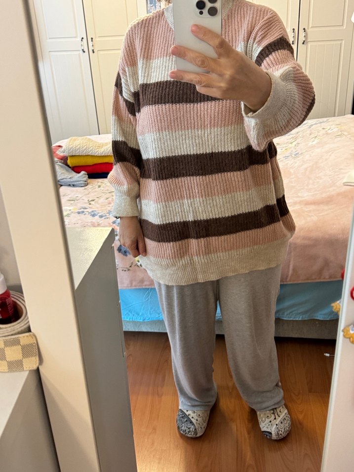 Pastel Kahverengi Çizgili Triko Kadın Kazak - Görsel 3