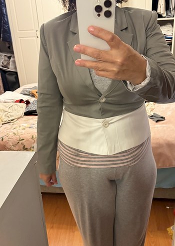 Gri Midi Düğmeli Kadın Blazer Ceket - Görsel 8