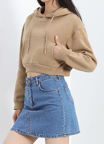 s Beden Şardonlu Oversize Crop Sweat Sütlükahve