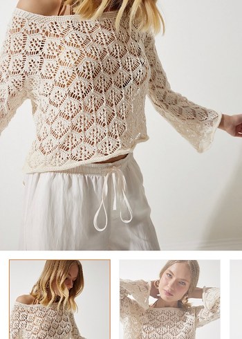 Krem ajurlu triko üst - Görsel 2