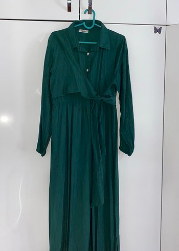 Yeşil Pilili Uzun Keten Elbise tesettür - Görsel 2