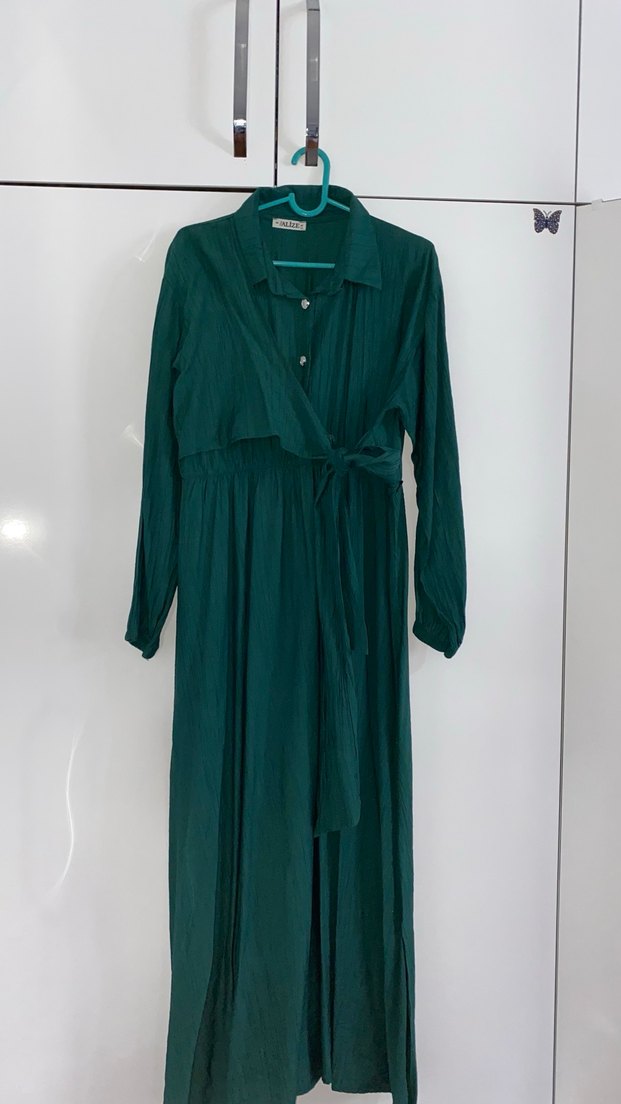 Yeşil Pilili Uzun Keten Elbise tesettür - Görsel 2