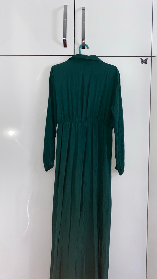 Yeşil Pilili Uzun Keten Elbise tesettür - Görsel 4