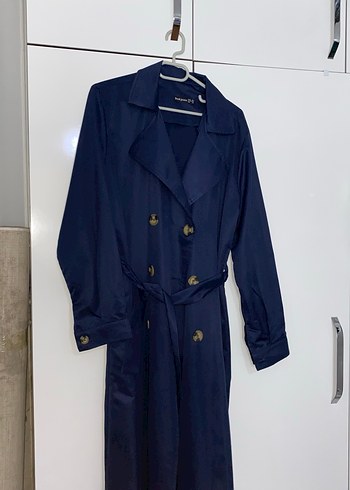 Lacivert Düğmeli Uzun Kadın Trençkot - Görsel 2