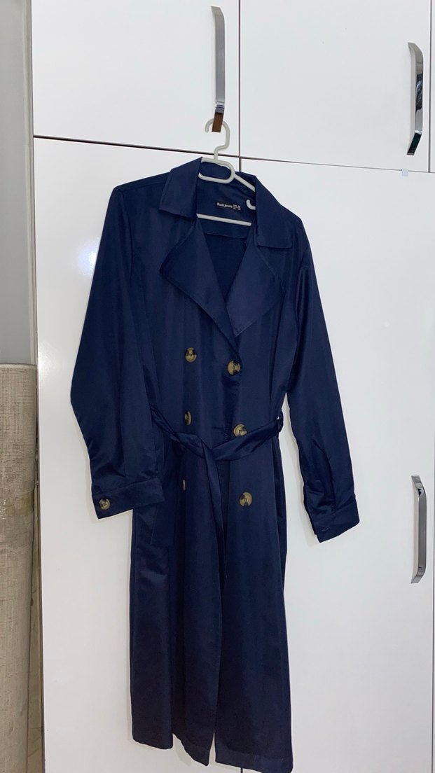 Lacivert Düğmeli Uzun Kadın Trençkot - Görsel 2