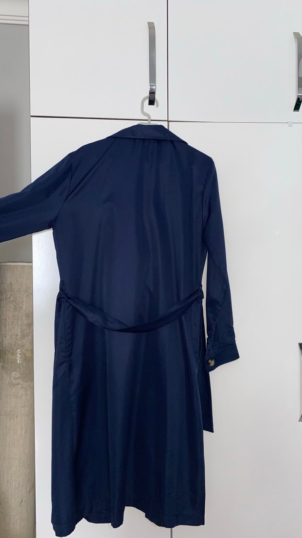 Lacivert Düğmeli Uzun Kadın Trençkot - Görsel 4