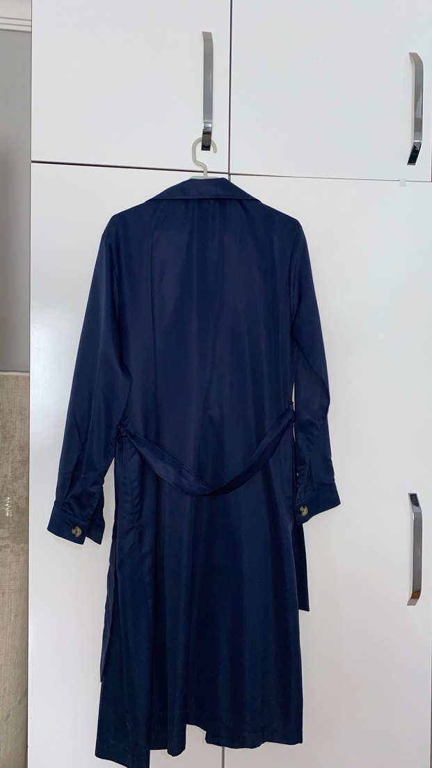 Lacivert Düğmeli Uzun Kadın Trençkot - Görsel 5