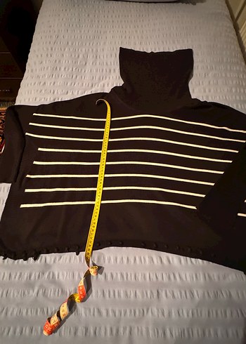 Çizgili siyah  Balıkçı Yaka  geniş Triko Kazak - Görsel 4