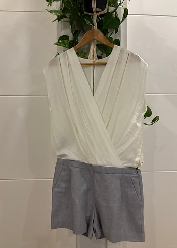 MANGO V Yaka Kolsuz Keten Mini Tulum - Görsel 2