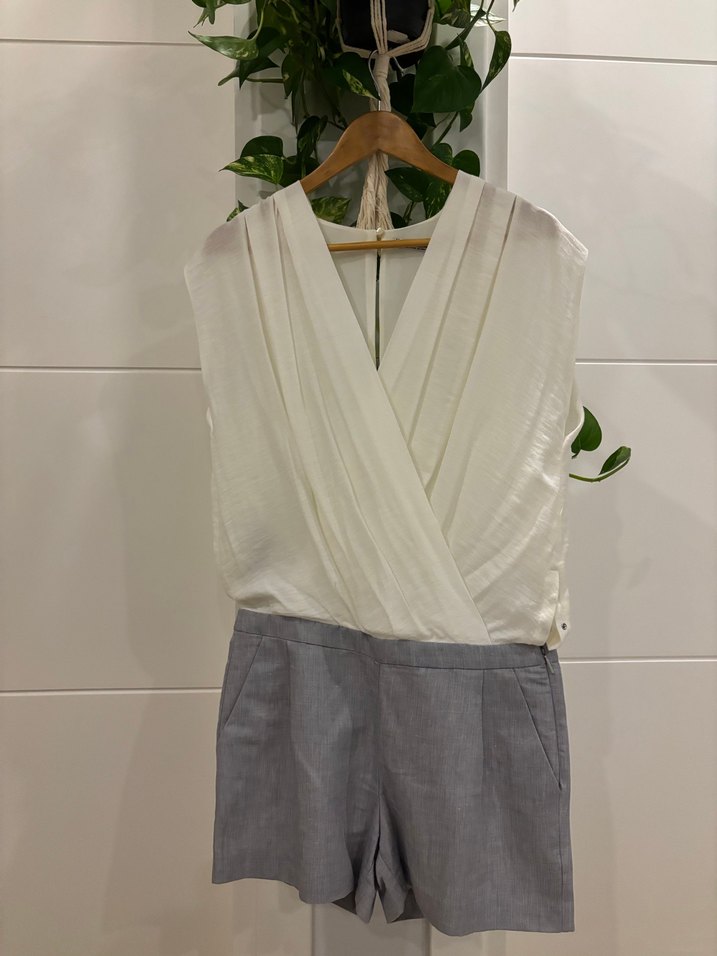 MANGO V Yaka Kolsuz Keten Mini Tulum - Görsel 2