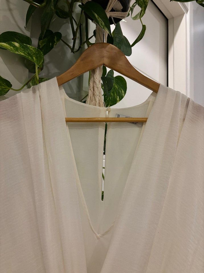 MANGO V Yaka Kolsuz Keten Mini Tulum - Görsel 5