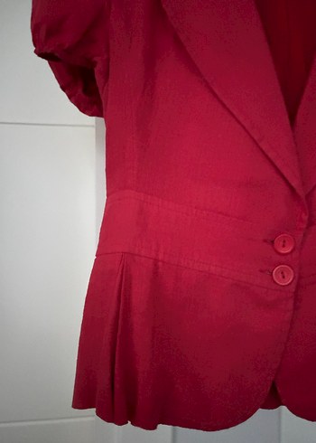 Kısa Kollu Kırmızı Keten Kadın Blazer - Görsel 5