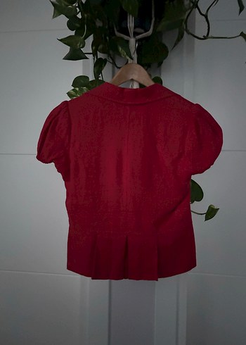 Kısa Kollu Kırmızı Keten Kadın Blazer - Görsel 8