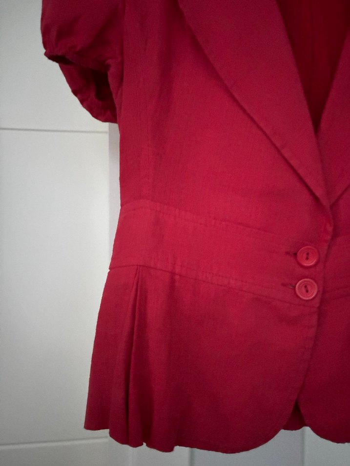 Kısa Kollu Kırmızı Keten Kadın Blazer - Görsel 5